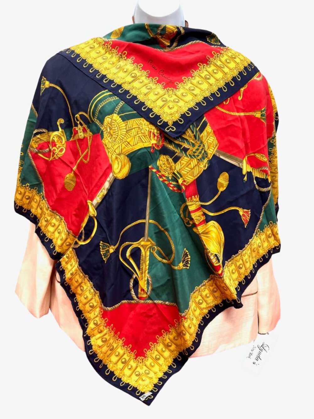 Vintage Pierre Cardin Paris 100% silk satin scarf 34" red black gold green (73 - Picture 2 of 11